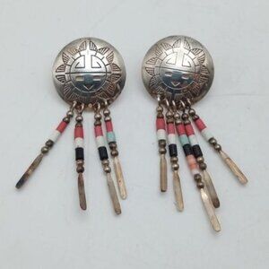Handmade Sterling Silver Zuni Sun Face Hanging Beaded Earrings